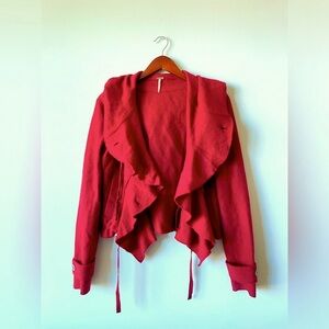 Free People Red Wool Draw String Peacoat With Ruffles - Size Small